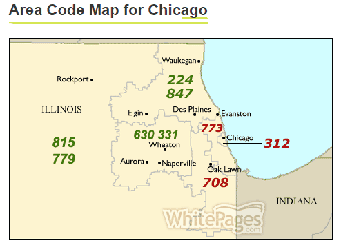 Area code map for Chicago  CHI    WhitePages