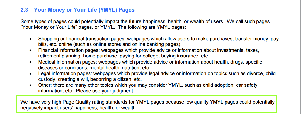 Your Money or Your Life (YMYL) Pages section from Google Quality Raters Guide November 2015